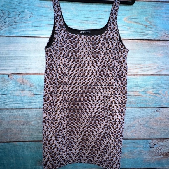 Zara Mini Dress M Retro Design Textured Black Blue Orange Stretch Tank Style - Picture 9 of 12